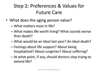 Step 2: Preferences & Values for
Future Care
• What does the aging person value?
– What matters most in life?
– What makes...